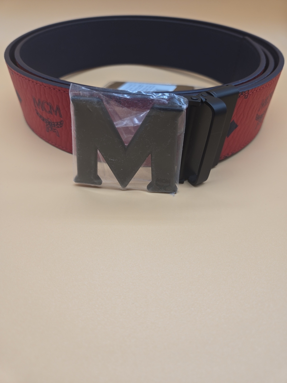 MCM Red Logo Strap Belt with Black 'M' Buckle